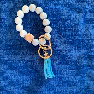 White Beaded Tassel Keyring Bracelet - Gold Accent